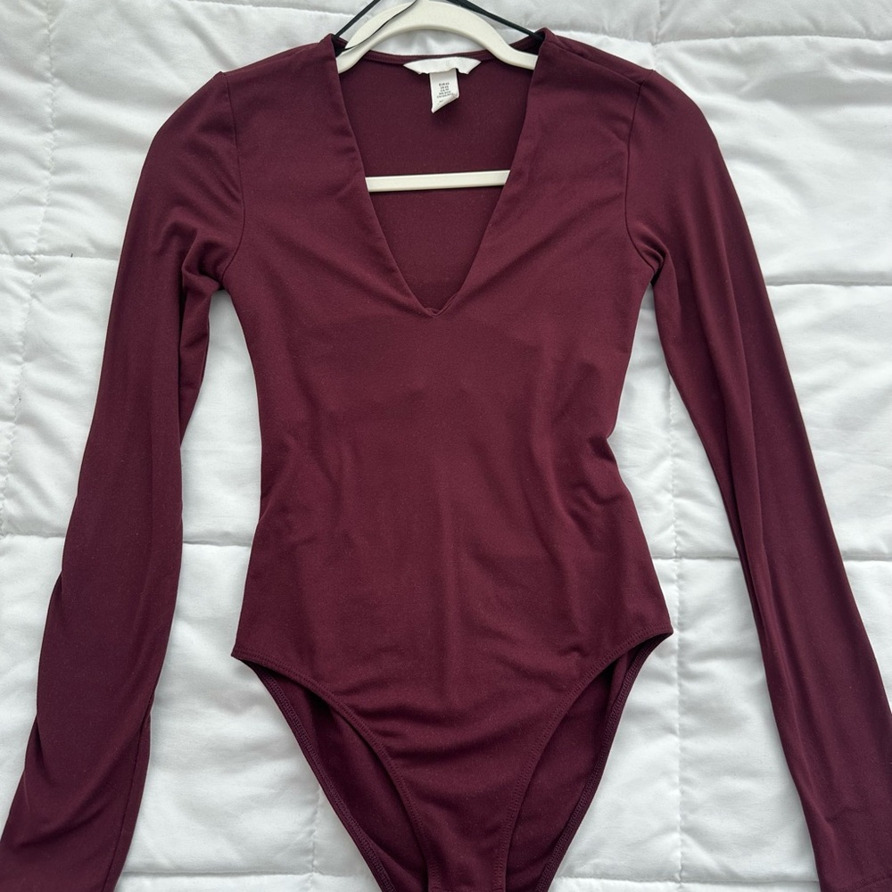 H&M Deep Burgundy V-Neck Long Sleeve Bodysuit
